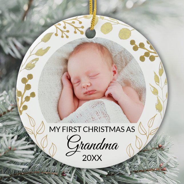 Adorno De Cerámica My First Christmas As Grandma Photo Gold Foliage (Subido por el creador)