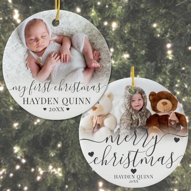 Adorno De Cerámica My First Christmas Script New Baby Photo (My First Christmas Script New Baby Photo Ceramic Ornament )