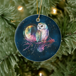 Adorno De Cerámica Mystical Rainbow Owl y Full Moon Celestial