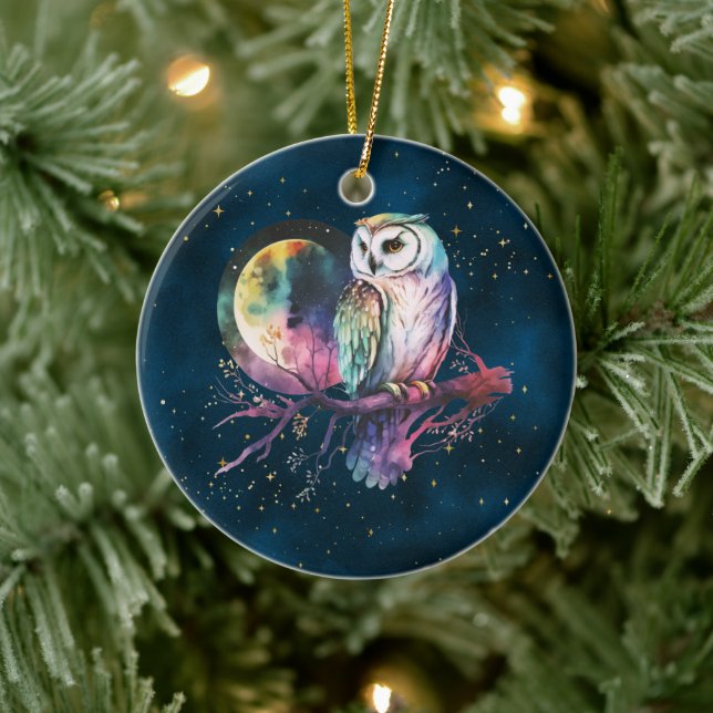 Adorno De Cerámica Mystical Rainbow Owl y Full Moon Celestial (Árbol)