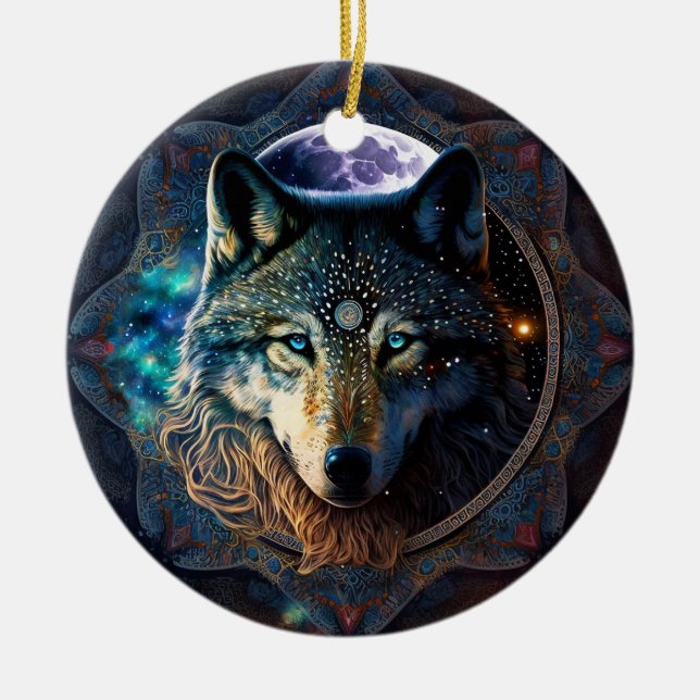 Adorno De Cerámica Mystical Wolf Moon Mandala (Frente)