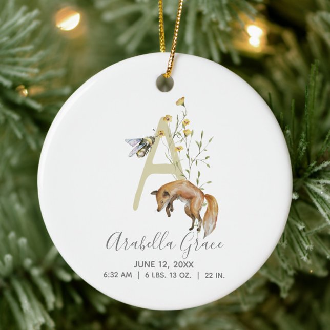 Adorno De Cerámica Nacimientos de Woodland Foto Monograma A (Easily personalize this baby birth stat ornament for a keepsake to cherish!)
