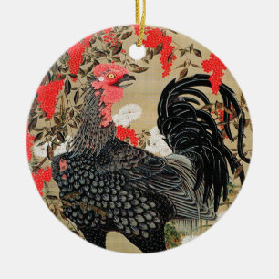 Adorno De Cerámica Nandina y el Ilustracion de Rooster de Ito Jakuchu