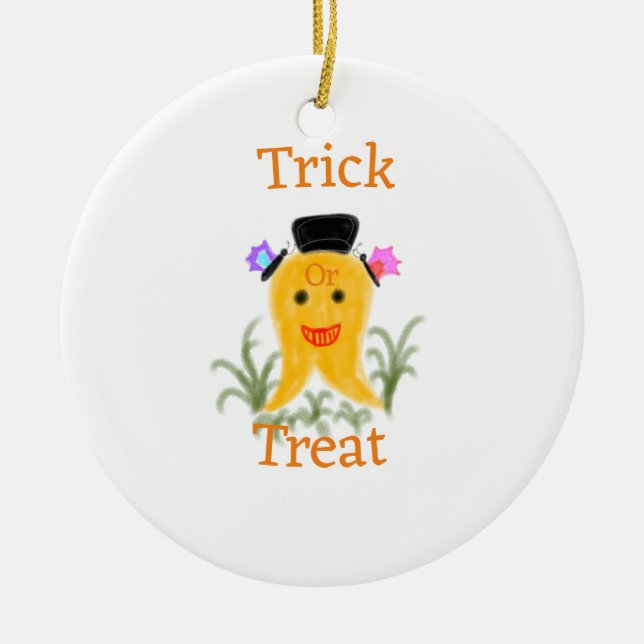 Adorno De Cerámica Naranja amarillo Halloween Fantasma truco o regalo (Frente)