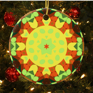 Adorno De Cerámica Naranja amarillo y verde retro Mandala flor