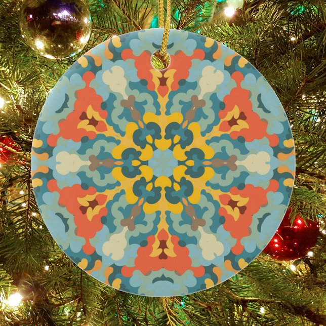 Adorno De Cerámica Naranja azul retro Mandala y amarillo (Blue Orange and Yellow Retro Mandala Christmas Ornament from Wormhole Orbital)