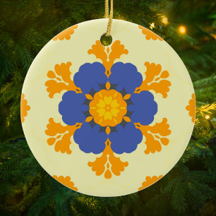 Adorno De Cerámica Naranja azul retro Mandala y amarillo