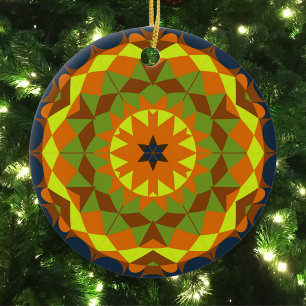 Adorno De Cerámica Naranja azul y amarillo retro Mandala flor
