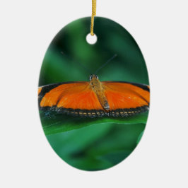 Adorno De Cerámica Naranja brillante y mariposa negra en hoja