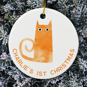 Adorno De Cerámica Naranja Cat First Christmas Personalizado