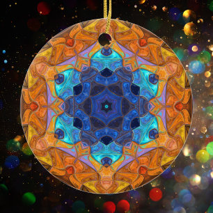 Adorno De Cerámica Naranja de flores Mosaic Mandala y Azul