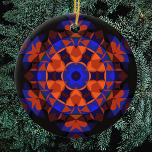 Adorno De Cerámica Naranja de flores Retro Mandala y azul