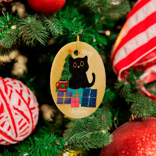 Adorno De Cerámica Naranja Festivo Feliz Navidad Gato Negro Café