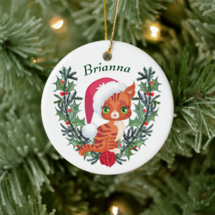 Adorno De Cerámica Naranja lindo Tabby Navidades gatitos Wreath