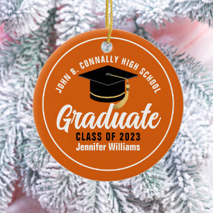 Adorno De Cerámica Naranja Personalizado de Graduado Blanco 2024 Grad