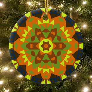 Adorno De Cerámica Naranja retro Mandala flor amarillo y azul