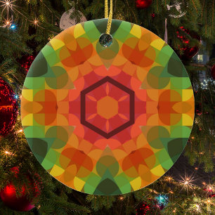 Adorno De Cerámica Naranja retro Mandala flor amarillo y verde
