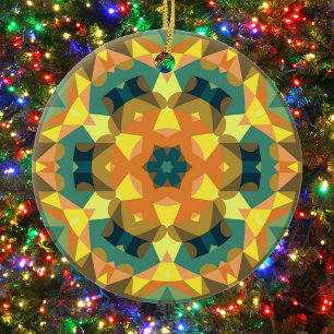 Adorno De Cerámica Naranja retro Mandala flor amarillo y verde