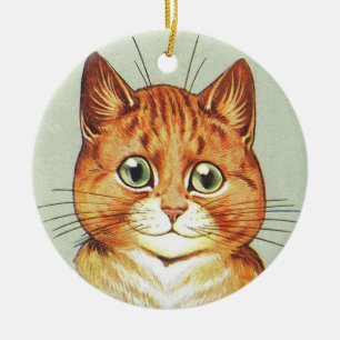 Adorno De Cerámica Naranja rojo y gato blanco, Louis Wain