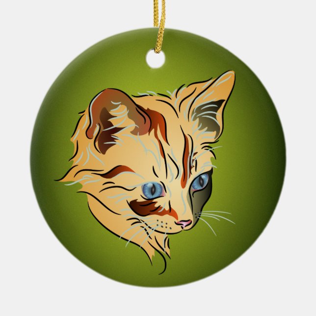 Adorno De Cerámica Naranja Tabby Kitten con Navidades de ojos azules (Frente)