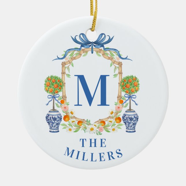 Adorno De Cerámica Naranja Topiary Chinoiserie Monograma (Frente)