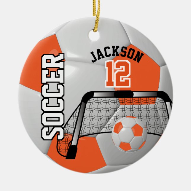 Adorno De Cerámica naranja ⚽ y bola blanca personalizada de fútbol (Frente)