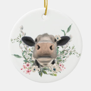 Adorno De Cerámica nariz de vaca besa flores acuarela gris animal de
