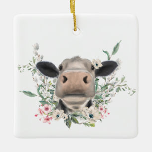 Adorno De Cerámica nariz de vaca besa flores acuarela gris animal de