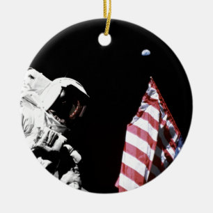 Adorno De Cerámica NASA Apollo 17 Astronaut Flag Earth Moon Photo
