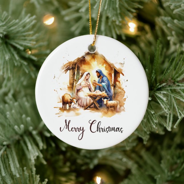Adorno De Cerámica Natividad acuarela Feliz Navidad (Árbol)