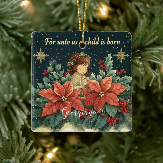 Adorno De Cerámica Natividad bíblica personalizada niño y verso (Árbol)