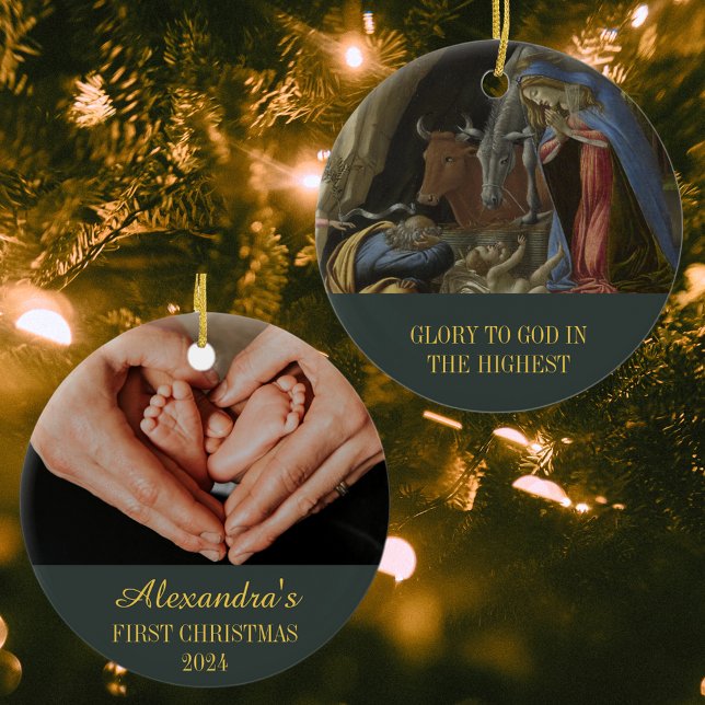 Adorno De Cerámica Natividad religiosa cristiana bebe primero Navidad (Baby First Christmas Religious Christian Catholic Nativity Scene Sandro Botticelli Ceramic Ornament)