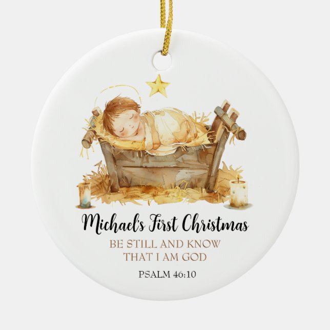 Adorno De Cerámica Nativity Bible Verse Baby's First Christmas (Frente)