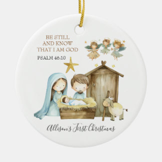 Adorno De Cerámica Nativity Manger Scene Bible Verse First Christmas