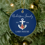 Adorno De Cerámica Nautical Lake House Winter Floral Naval Azul<br><div class="desc">Elegante Script Nautical Lake House Nombre Familia Ornamento Azul de la Marina. La decoración es de estilo Art Nouveau y está decorada con Watercolor Floral,  con poinsettias rojas,  pinos y otras hermosas zonas verdes invernales.</div>