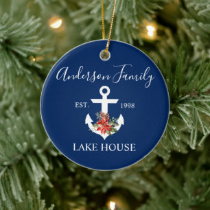 Adorno De Cerámica Nautical Lake House Winter Floral Naval Azul