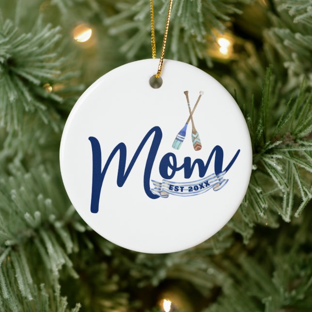 Adorno De Cerámica Nautical Mom Established Navy Blue Script  (Árbol)
