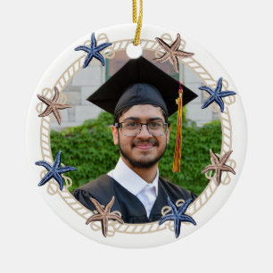 Adorno De Cerámica Nautical Photo Navy Blue franjas blancas Graduació