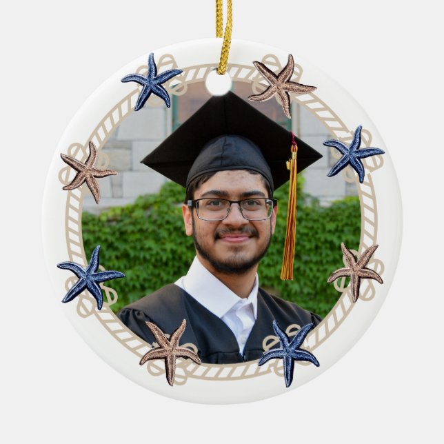 Adorno De Cerámica Nautical Photo Navy Blue franjas blancas Graduació (Frente)