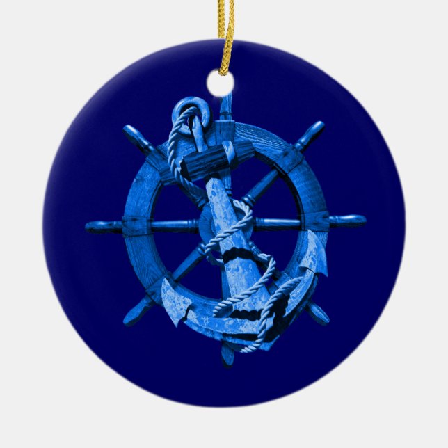 Adorno De Cerámica Naves náuticas azules rueda y ancla (Frente)