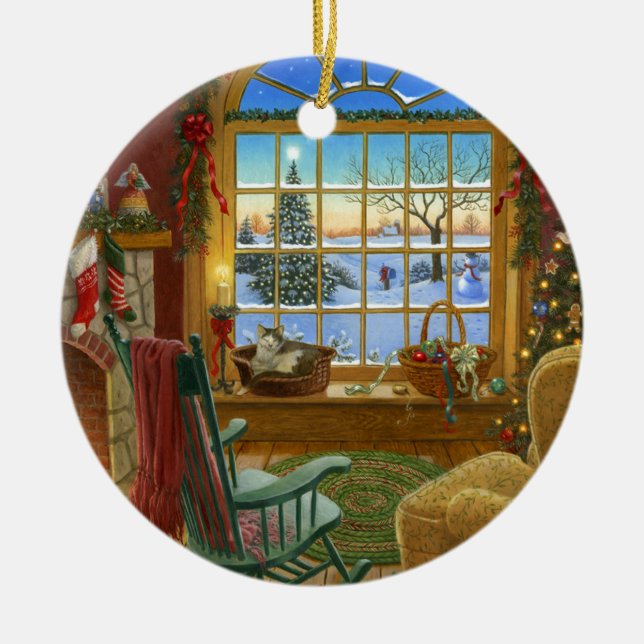 Adorno De Cerámica Navidad acogedor del gato (Frente)