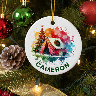 Adorno De Cerámica Navidad Acuarela Camping Nombre Personalizado