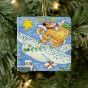 Adorno De Cerámica Navidad adorable con conejo como Papá Noel en búho