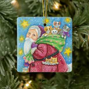 Adorno De Cerámica Navidad adorable, Santa Claus con gatitos y gatos!