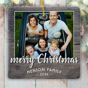 Adorno De Cerámica Navidad Alegre Foto de Familia de Madera Gris Rúst