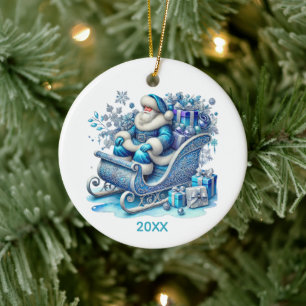 Adorno De Cerámica Navidad añadir año nombre azul Santa trineo 