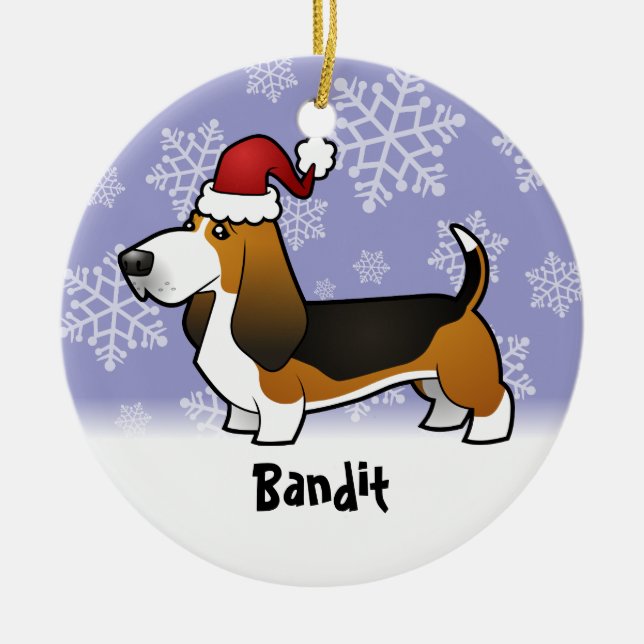 Adorno De Cerámica Navidad Basset Hound (añada su nombre de mascotas) (Frente)