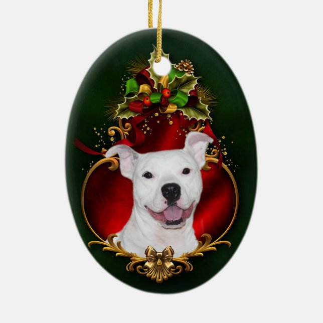 Adorno De Cerámica Navidad blanco del pitbull (Atrás)