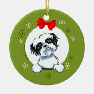Adorno De Cerámica Navidad blanco negro de Shih Tzu clásico