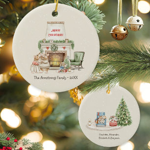 Adorno De Cerámica Navidad Chimenea Ratones Acuarela Acogedora